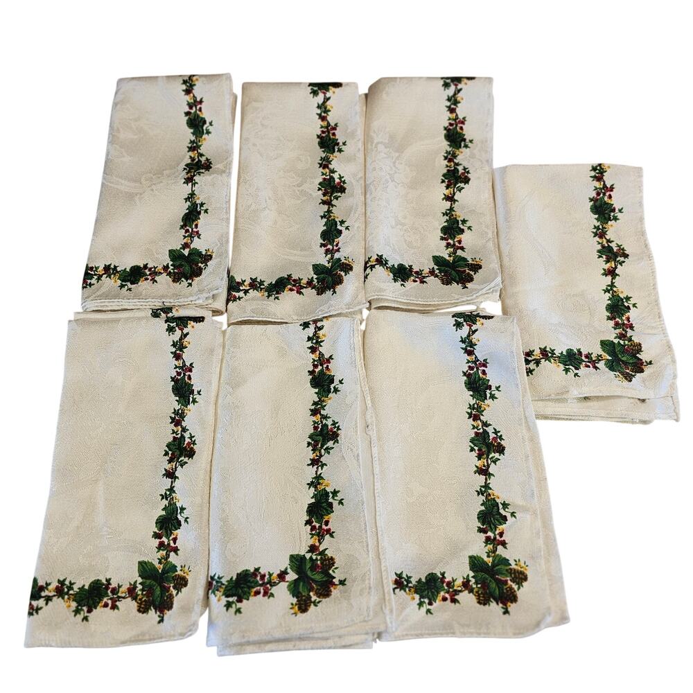 Waverly Holiday Cloth Napkins Set of 7 Pinecone Ivy Border 20" Table Linens VTG